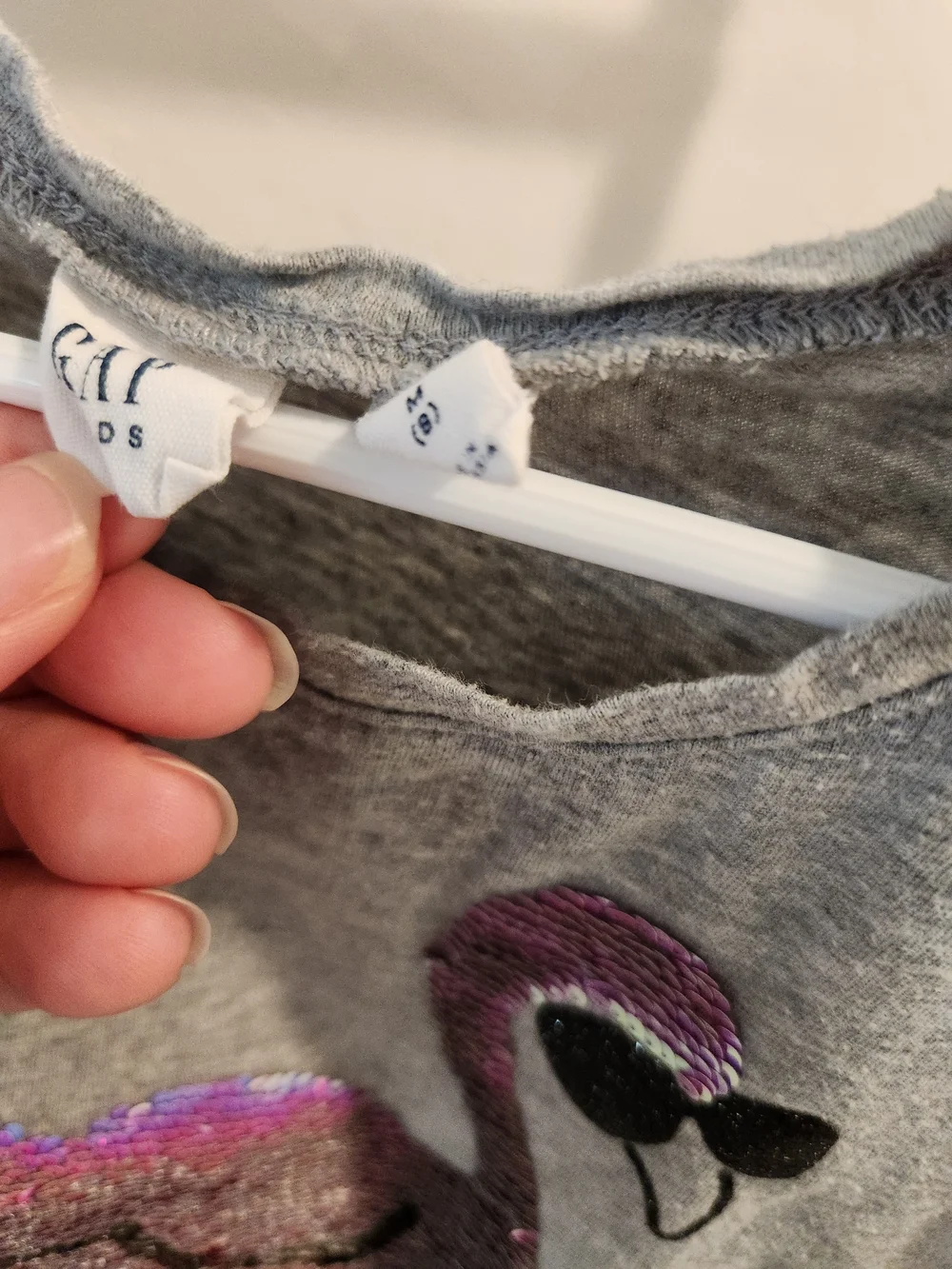 GAP Gray Girls Tee with Pink Sequin Flamingo Accent